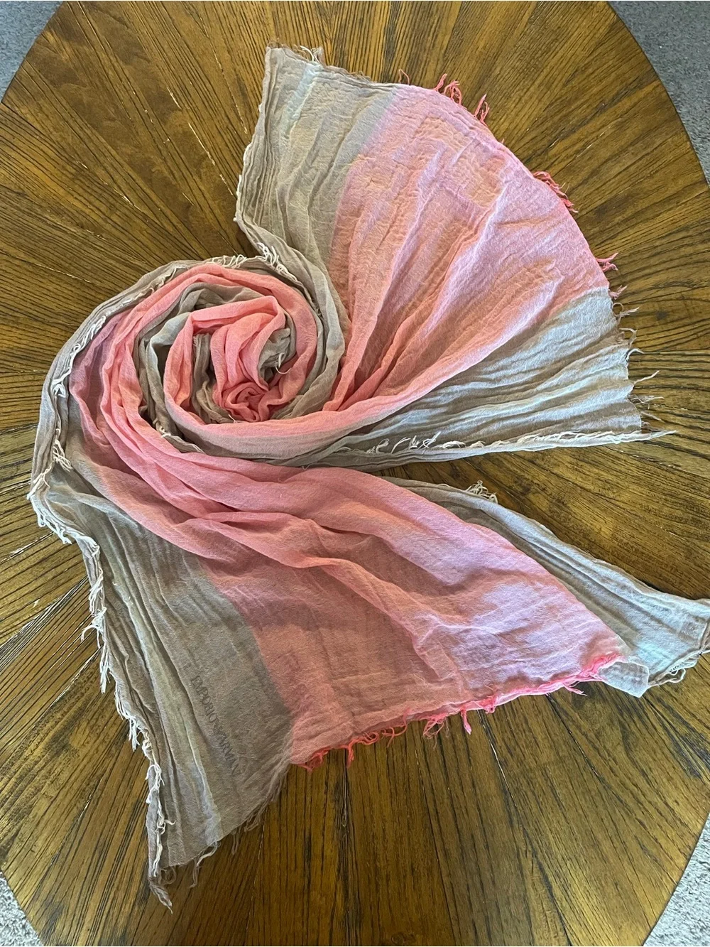 Emporio Armani 100% Cotton Pink and Beige Lightweight Fringe Scarf Made in Italy
